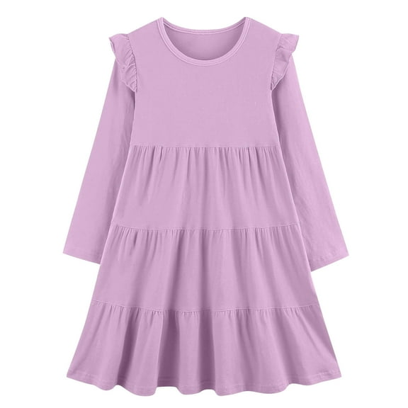 IVEYRTF Girls Long Sleeve Ruffle Hem Dress Princess Party Wear Flare Dress Elegant Basic Casual Style for School Vacation Daily Outfit Holiday Festive(Purple#1,5 Years)