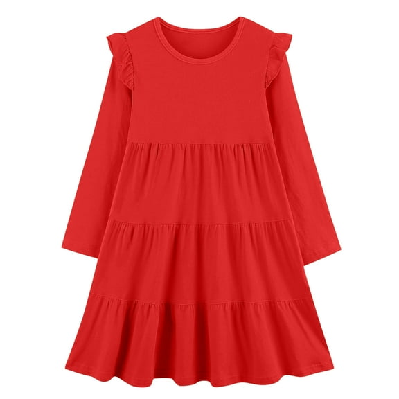 IVEYRTF Girls Long Sleeve Ruffle Hem Dress Princess Party Wear Flare Dress Elegant Basic Casual Style for School Vacation Daily Outfit Holiday Festive(Red#1,7 Years)