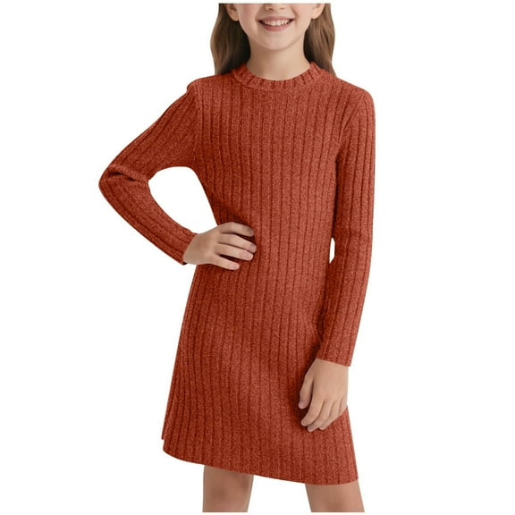 IVEYRTF Girls Long Sleeve Sweater Dress A Line Midi Dress Solid Round Neck Casual Winter Fall Spring Daily Wear Travel Holiday Birthday Party Dress(Bronze,11 Years)