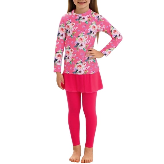 IVEYRTF Girls Long Sleeve Swimsuit Set Skirted Bottom for Sun Protection Beach Vacation Pool Parties Princess Style Swimwear Comfort Fit Bathing Suit(Hot Pink,4-6 Years)