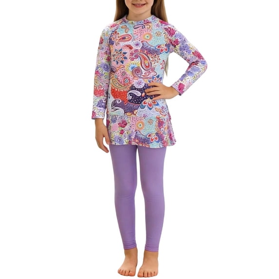 IVEYRTF Girls Long Sleeve Swimsuit Set Skirted Bottom for Sun Protection Beach Vacation Pool Parties Princess Style Swimwear Comfort Fit Bathing Suit(Purple,4-6 Years)