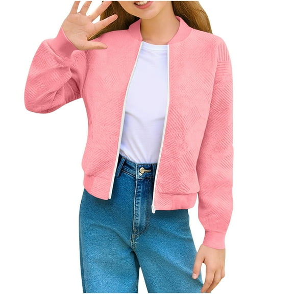 IVEYRTF Girls Long Sleeve Zip Up Jacket No Hood Pullover Coat for Kids Outerwear Lightweight Soft Casual Daily Wear Fashion Solid Color Outwear for Play Running Sports(Pink,5 Years)