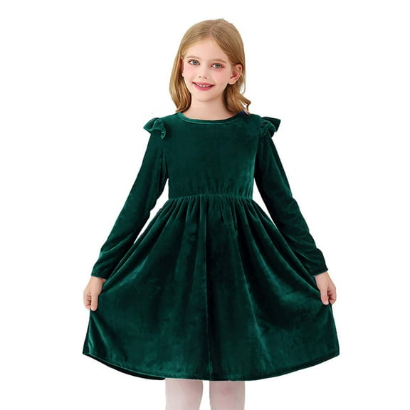 IVEYRTF Girls Long Sleeved Casual Velvet Dress with Ruffle Princess Party Dress Ruffle A-Line Casual Boho Christmas Party Dress for Holiday Festive(Green,7 Years)
