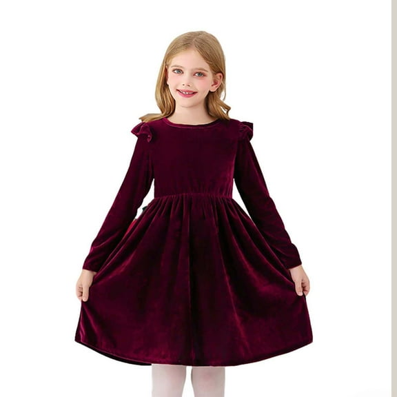 IVEYRTF Girls Long Sleeved Casual Velvet Dress with Ruffle Princess Party Dress Ruffle A-Line Casual Boho Christmas Party Dress for Holiday Festive(Red,7 Years)