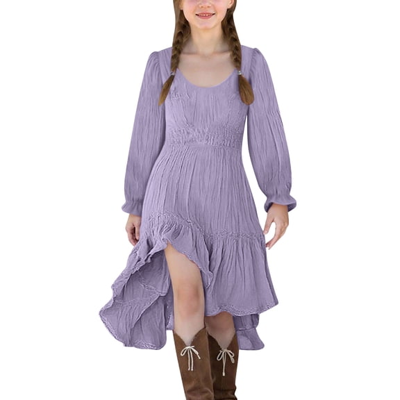 IVEYRTF Girls Medieval Dress Long Sleeve Solid Color Casual Party Wear Irregular Hem Lace Patchwork Round Neck Long Dress for Daily Birthday(Purple,9-10 Years)