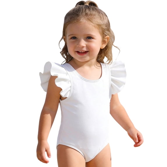 IVEYRTF Girls One Piece Bikini Swimsuit Cute Open Back Bow Short Flutter Sleeve Sun Protection Beach Vacation Summer Pool Parties Water Activities Comfort Fit Bathing Suit(White,9-12 Months)