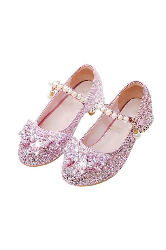 Girls Pearl Bow High Heels for Performance and Party Childrens Sparkly Dress Shoes Kids Elegant and Pretty Flats(Pink,8.5-9 Years)