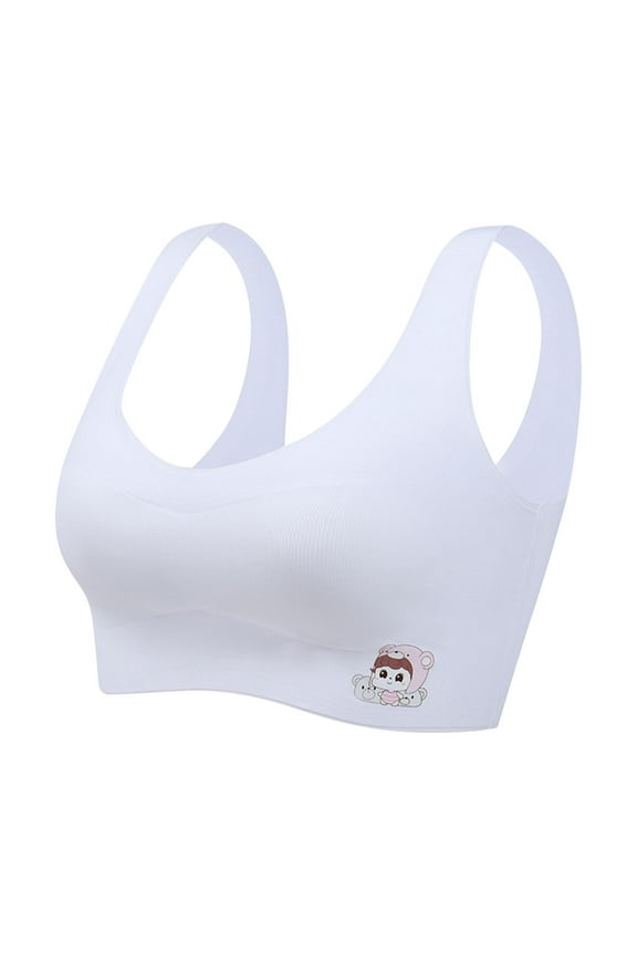 Girls Printed First Bra Cute Pattern Breathable Comfort School Daily Wear Light Support Wire Free Bralette Starter Undergarment(White,14-15 Years)