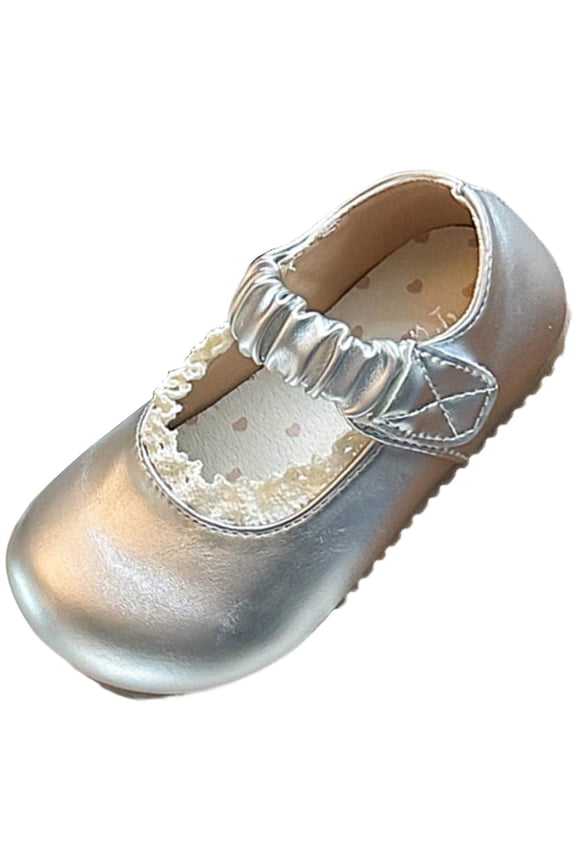 Girls Ruffled Mary Shoes with Elastic Strap Vintage Style Princess Flats for Kids Comfortable and Pretty Shoes(Silver,3.5-4 Years)