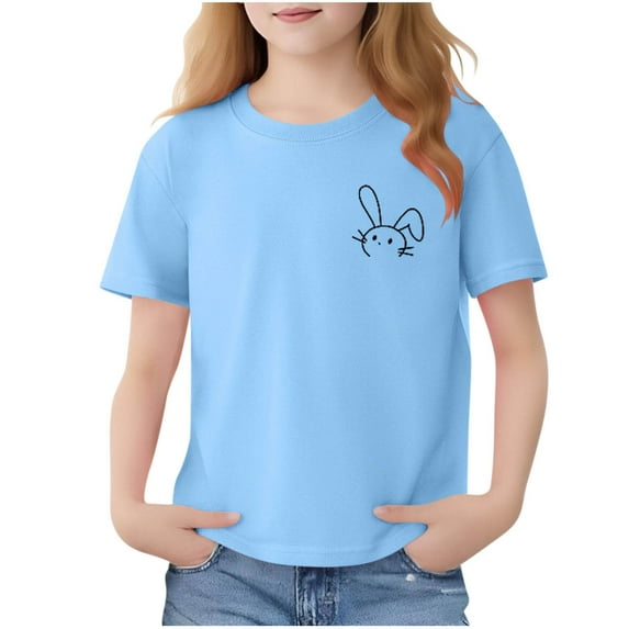 IVEYRTF Girls Simple Bunny Print Short Sleeve T-Shirt Round Neck Pullover Top for Everyday Wear Simple Style Comfort Fit Basic Tee Top(Blue#3,7-8 Years)