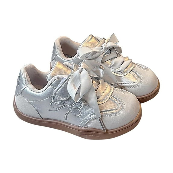 IVEYRTF Girls Soft Sole Bow Casual Sneakers Fashion Flat Shoes for Everyday Wear and School Activities Comfortable Slip On Footwear for Light Exercise and Versatile Use(Gray,5-5.5 Years)