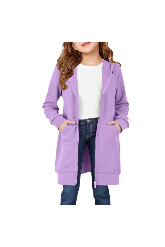 Girls Solid Color Casual Hooded Jacket Long Sleeve Coat with Pocket Casual Outerwear for Kids Fashion Basic Top Warm Fall Winter Clothing(Purple,12-13 Years)