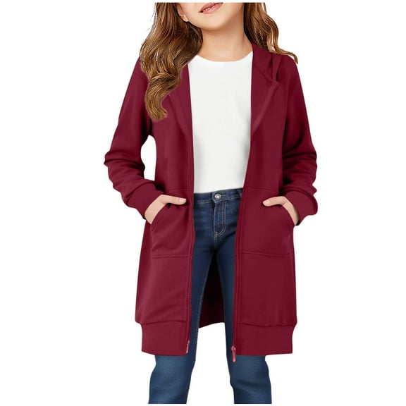 IVEYRTF Girls Solid Color Casual Hooded Jacket Long Sleeve Coat with Pocket Casual Outerwear for Kids Fashion Basic Top Warm Fall Winter Clothing(Wine,5-6 Years)