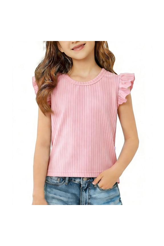 Girls Solid Color Flutter Sleeve Short Sleeve T-Shirt Casual Sporty Round Neck Top for Everyday Wear Play T-Shirt(Pink,11-12 Years)