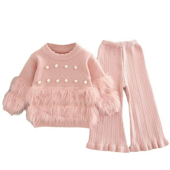 IVEYRTF Girls Solid Color Fringe Knit Sweater and Pants Set Fall Winter Casual 2 Piece Outfit Fashion Comfortable Set for Children 1-8 Years(Pink#2,7-8 Years)