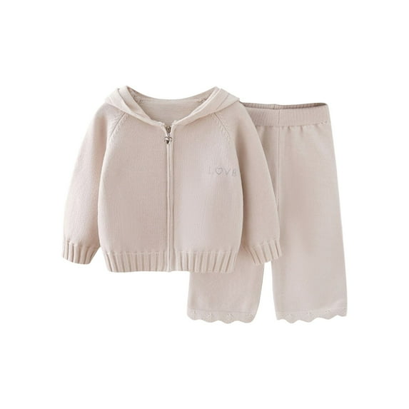 IVEYRTF Girls Solid Color Hooded Sweater and Pants Set Long Sleeve Casual Two-Piece Outfit Fall Winter Comfortable Loose Trousers for Everyday Wear(Beige,1-2 Years)
