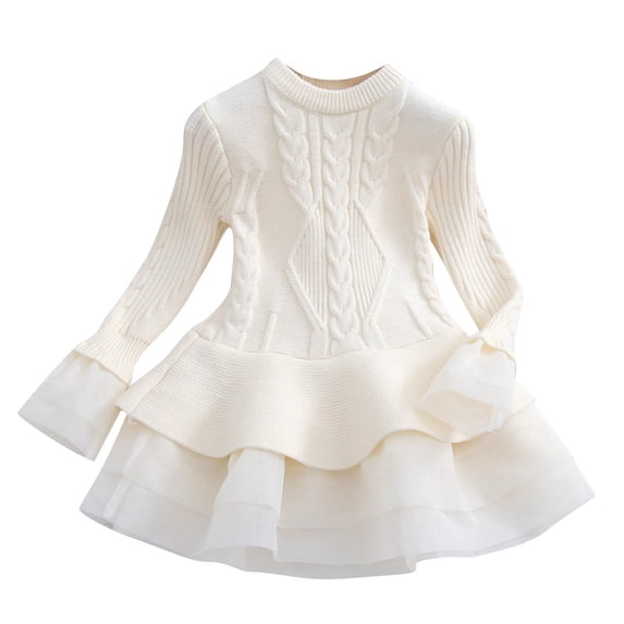 IVEYRTF Girls Solid Color Knitted Long Sleeve Sweater Dress Round Neck Mesh Casual Party Dress for Toddler Kids Everyday Wear Holiday Outfit(Beige,2 Years)