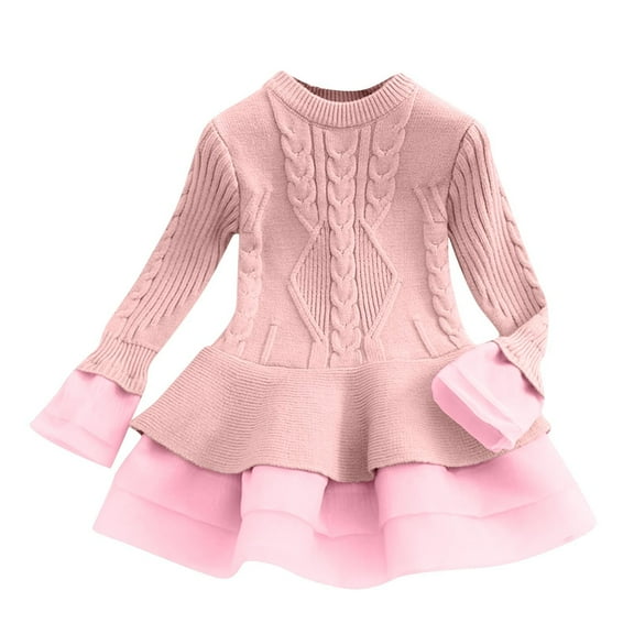IVEYRTF Girls Solid Color Knitted Long Sleeve Sweater Dress Round Neck Mesh Casual Party Dress for Toddler Kids Everyday Wear Holiday Outfit(Pink,4 Years)