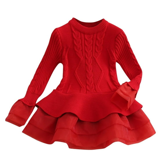 IVEYRTF Girls Solid Color Knitted Long Sleeve Sweater Dress Round Neck Mesh Casual Party Dress for Toddler Kids Everyday Wear Holiday Outfit(Red,9 Months)