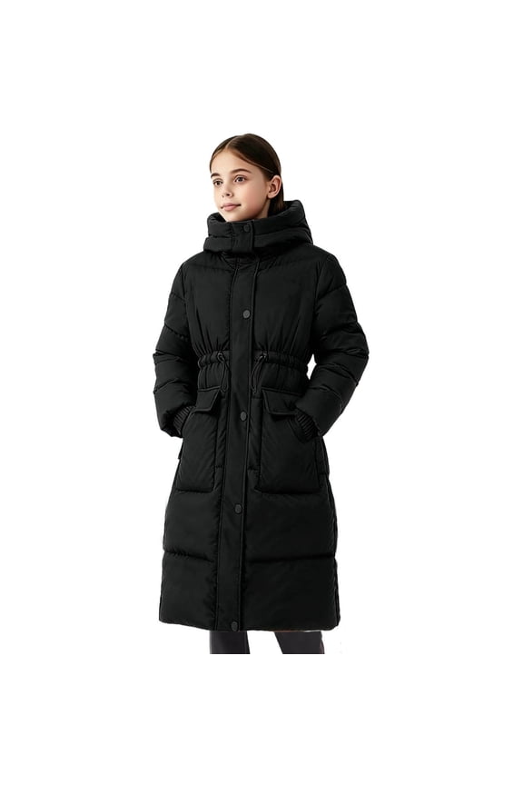 Girls Solid Color Long Hooded Puffer Coat Mid Length Winter Jacket for Kids Warm Outerwear with Pockets Zipper Front Casual Style(Black#1,11-12 Years)