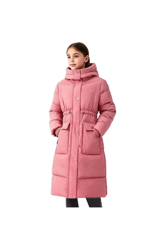 Girls Solid Color Long Hooded Puffer Coat Mid Length Winter Jacket for Kids Warm Outerwear with Pockets Zipper Front Casual Style(Pink#1,7-8 Years)