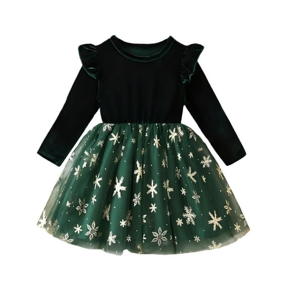 IVEYRTF Girls Solid Color Long Sleeve Round Neck Sleeve Dress Princess Party Performance Childrens Formal Wear Dress for Holiday Celebrations Birthday Festive Events(Green#3,7-8 Years)