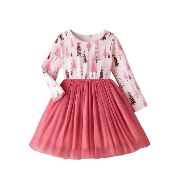 IVEYRTF Girls Solid Color Long Sleeve Round Neck Sleeve Dress Princess Party Performance Childrens Formal Wear Dress for Holiday Celebrations Birthday Festive Events(Pink#7,4-5 Years)