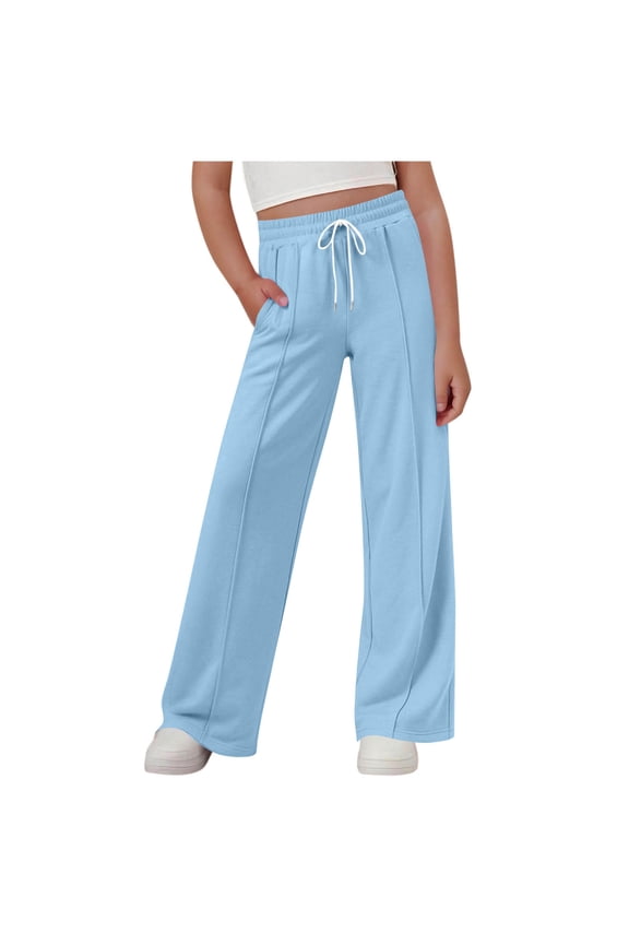 Girls Solid Color Pants Elastic Waist Wide Leg Straight Pants Casual Spring Fall Everyday Soft Breathable Bottoms(Blue,5-6 Years)