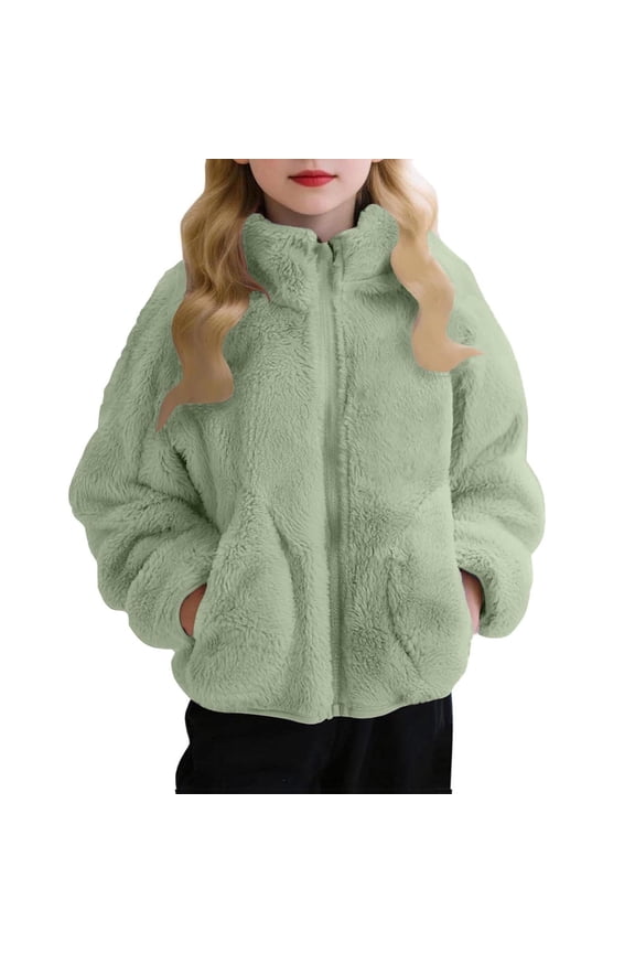 Girls Solid Color Plush Hooded Jacket Soft Fleece-Lined Fall Winter Casual Warm Outerwear Coats Fashion Thickened Warmth Tops for Kids 1-11 Years(Green,1 Years)