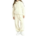 thumbnail image 1 of IVEYRTF Girls Solid Color Plush Two-Piece Set Stand Collar Fleece-Lined Warm Fall Winter Casual Comfortable Fit Homewear Cozy Outfit(Beige,14-15 Years), 1 of 6
