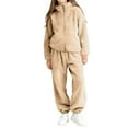 thumbnail image 1 of IVEYRTF Girls Solid Color Plush Two-Piece Set Stand Collar Fleece-Lined Warm Fall Winter Casual Comfortable Fit Homewear Cozy Outfit(Brown,10-11 Years), 1 of 6