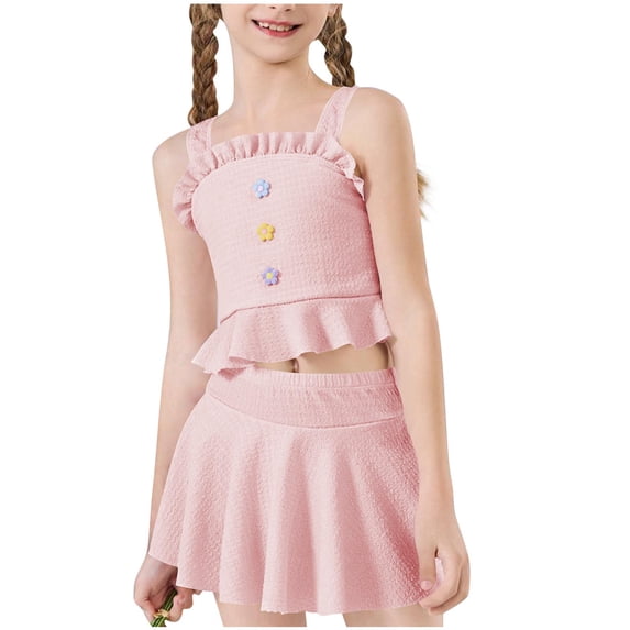 IVEYRTF Girls Solid Color Two Piece Swimsuit Set for Beach Vacation Summer Water Activities Comfort Fit Bathing Suit(Pink,11-12 Years)