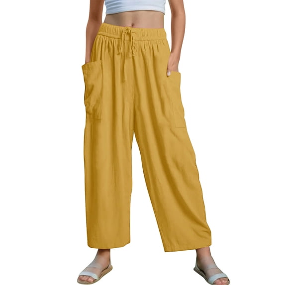 IVEYRTF Girls Solid Color Wide Leg Pants with Pockets Casual Lightweight Breathable Spring Summer Everyday Comfortable Fit Trousers(Yellow#1,5 Years)