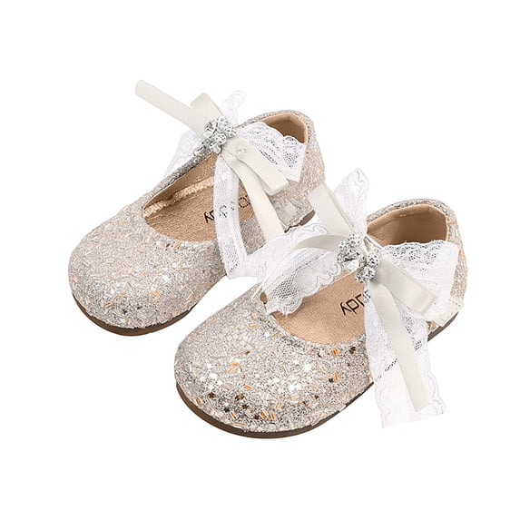 IVEYRTF Girls Sparkling Glitter Dress Shoes with Rhinestone Bow Princess Party Shoes for Children Kids Shimmery Casual Shoes(Gold,3-3.5 Years)