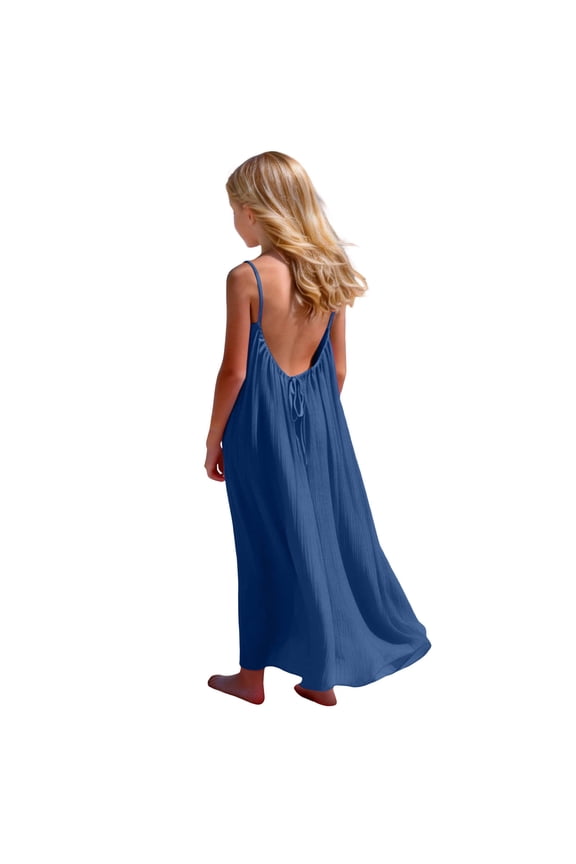 Girls Strap Dress with Back Drawstring Kids Solid Color Cute Loose Fit Casual Play Everyday Summer Outings Long Length Dress