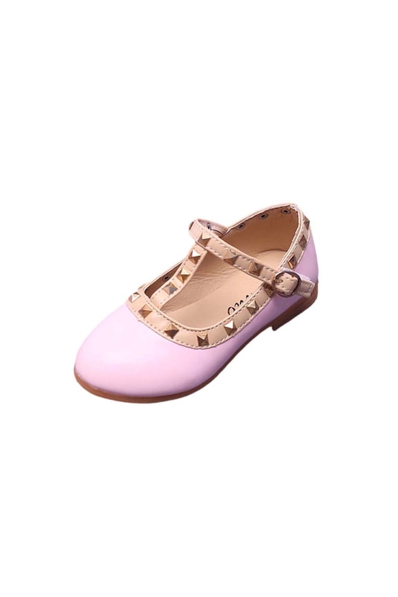Girls Studded Leather Mary Flats with Buckle Strap Casual Dance Shoes for Kids Fashion Party Shoes(Pink,4-4.5 Years)
