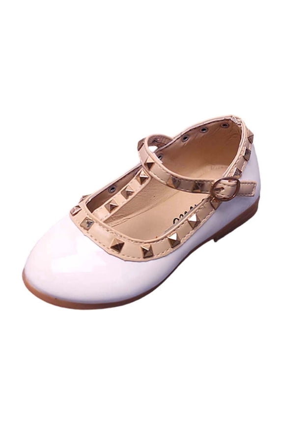 Girls Studded Leather Mary Flats with Buckle Strap Casual Dance Shoes for Kids Fashion Party Shoes(White,2-2.5 Years)