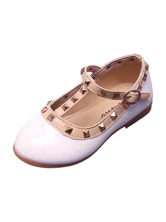 Girls Studded Leather Mary Flats with Buckle Strap Casual Dance Shoes for Kids Fashion Party Shoes(White,2-2.5 Years)