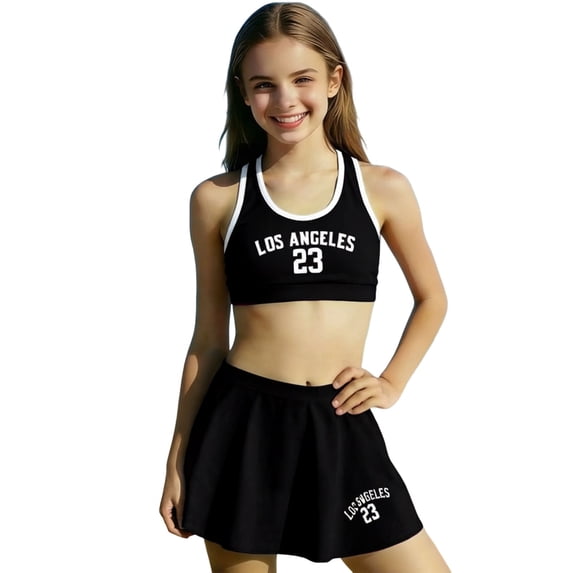 IVEYRTF Girls Three Piece Tankini Set Skirted Bikini Design for Beach Vacation Pool Parties Summer Water Activities Cute Comfort Swimwear(Black,12-13 Years)