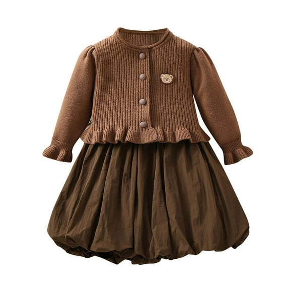 IVEYRTF Girls Two Piece Outfit Knit Cardigan Dress Set Long Sleeve Collar Dress for Fall Fashion Solid Color Casual Wear Holiday Photo Outfits Party Wear(Brown,2 Years)