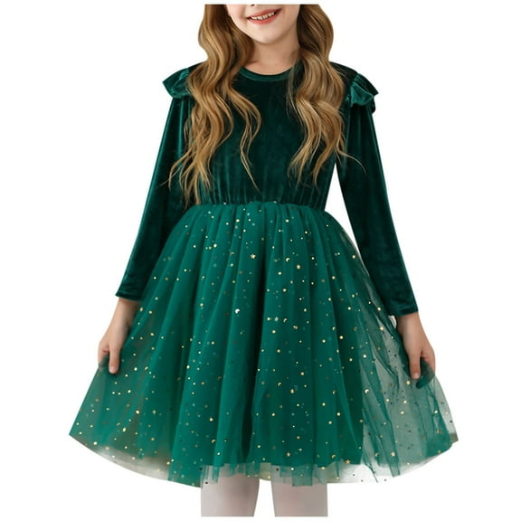 IVEYRTF Girls Velvet Princess Dress Long Sleeve Ruffle Hem Party Gown A Line Party Dresses for Holiday Birthday Performance Formal Events(Green,9-10 Years)