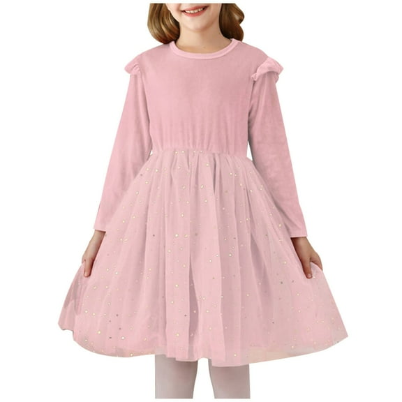 IVEYRTF Girls Velvet Princess Dress Long Sleeve Ruffle Hem Party Gown A Line Party Dresses for Holiday Birthday Performance Formal Events(Pink,9-10 Years)