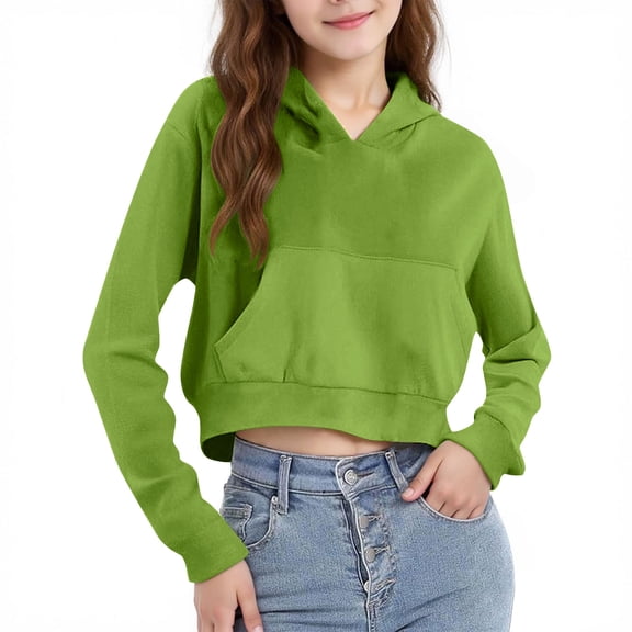 IVEYRTF Girls Zip Up Cropped Hoodie Long Sleeve Casual Sweatshirts with Pockets Lightweight Soft Comfortable Breathable Stretchy Classic Hooded Solid Color for Everyday Wear(Green,10 Years)