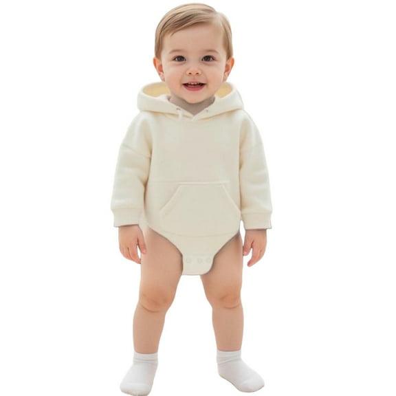 IVEYRTF Kids Baby Bodysuit Solid Color Hooded Romper Long Sleeve Full Sleeve Fall Winter One-Piece Outfit Homewear for Toddler Children 1-3 Years(Beige,0-3 Months)