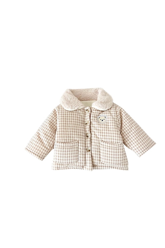 Kids Bear Embroidery Button Front Jacket Fall Winter Loose Fit Grid Print Long Sleeve Lapel Collar Outerwear Coat for Children 1-3 Years(Khaki,3 Years)