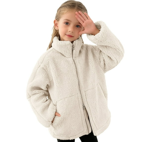 IVEYRTF Kids Big Boys Girls Solid Color Windproof Plush Velvet Jacket Double Zipper Thermal Fall Winter Outdoor Coats Warm Outerwear for Children 5-15 Years(White,13-14 Years)