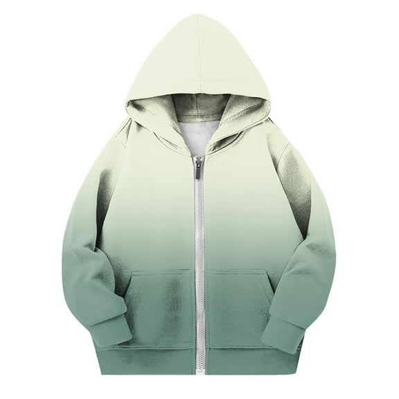IVEYRTF Kids Boys Girls Fall Winter Hooded Zip Up Jacket with Gradient Print Long Sleeve Fleece Top for Children Outerwear for Daily Wear Travel Play Soft Breathable(Army Green#1,9-10 Years)