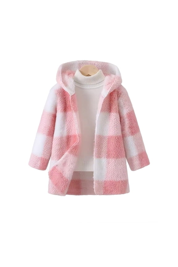 Kids Boys Girls Plaid Double-Faced Fleece Hooded Coat Fall Winter Warm Windproof Casual Jacket Outerwear for Children 2-8 Years(Pink,3-4 Years)