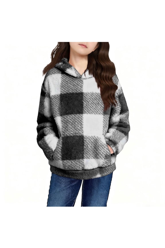 Kids Boys Girls Plaid Double-Faced Fleece Hooded Coat with Pockets Fall Winter Warm Windproof Casual Jacket Outerwear for Children 5-15 Years(Black,14 Years)