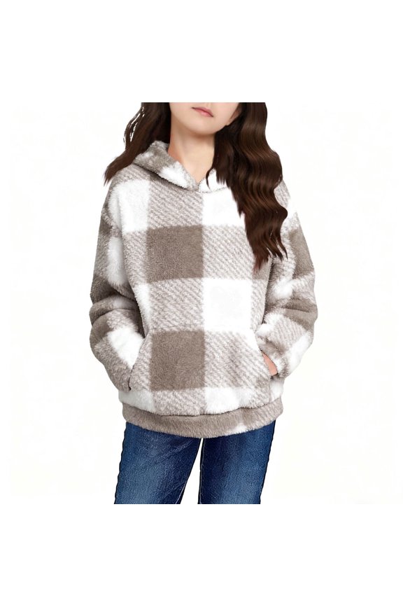 Kids Boys Girls Plaid Double-Faced Fleece Hooded Coat with Pockets Fall Winter Warm Windproof Casual Jacket Outerwear for Children 5-15 Years(Brown,9 Years)